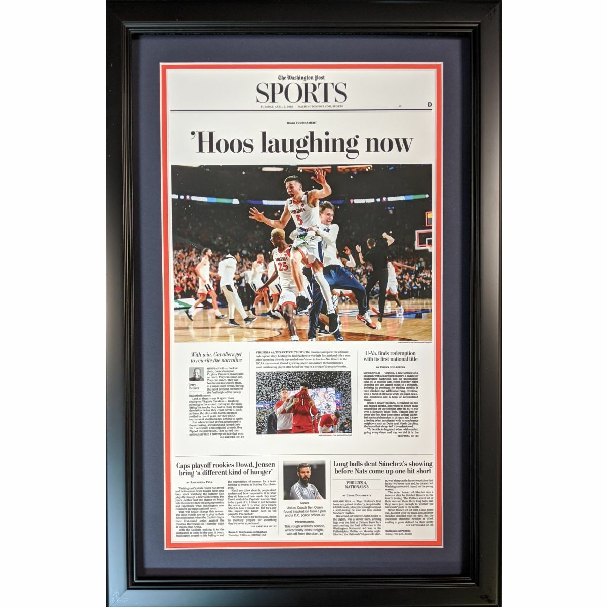 Framed Washington Post Virginia 2019 NCAA Champions Newspaper 17x27 Cover Photo Poster painting