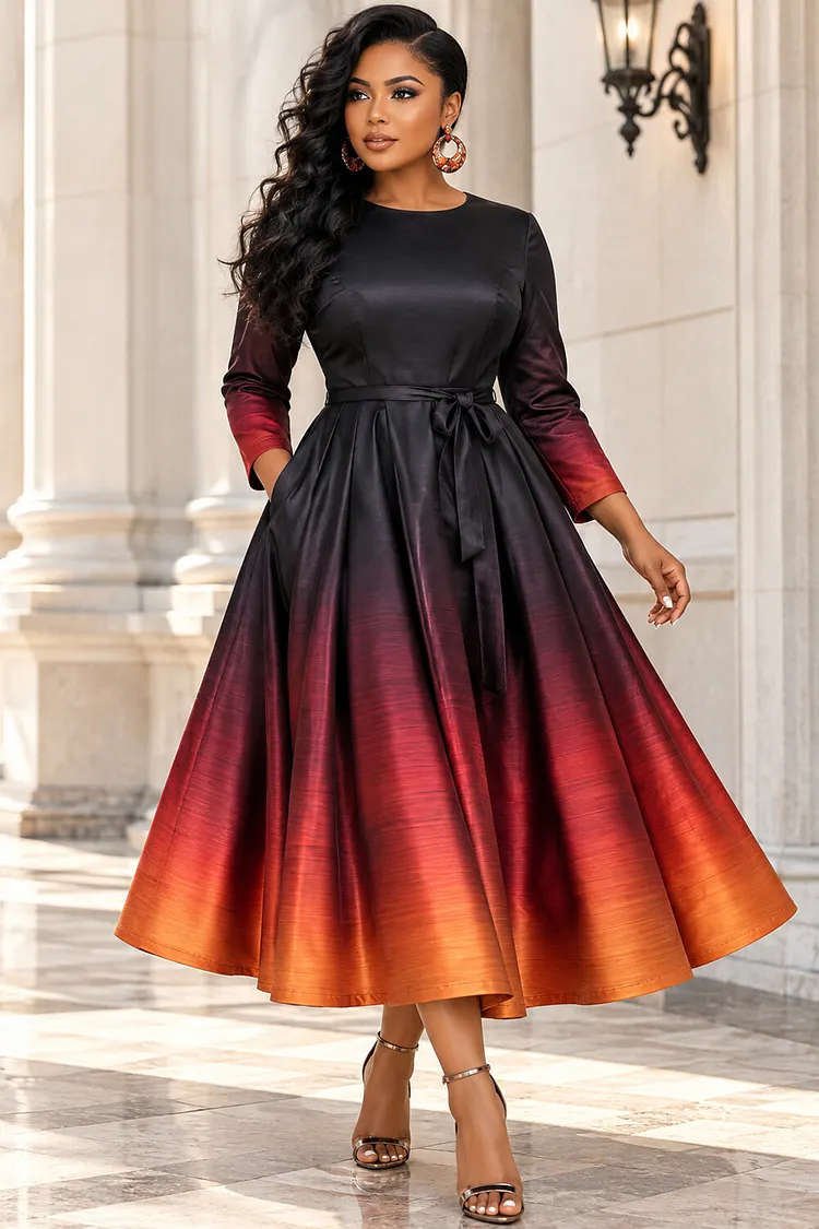 Xpluswear Design Plus Size Churchs Black Gradient Round Neck Long Sleeve Pocket Wrap Satin Midi Dresses [Pre-Order] 2024 - Xpluswear