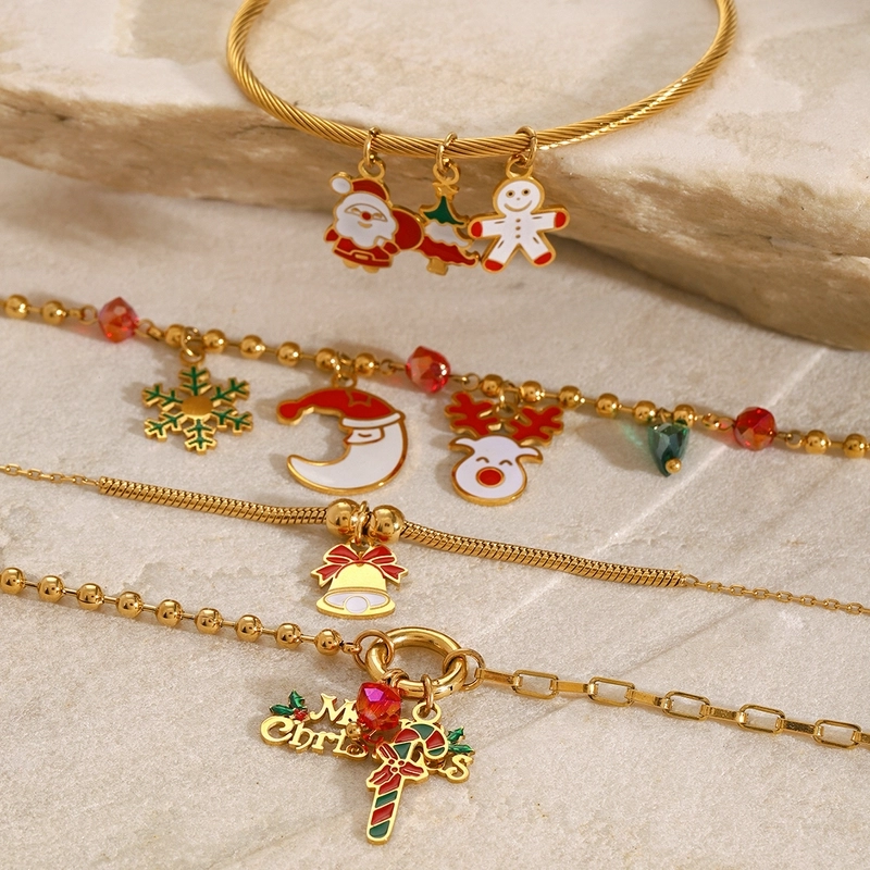 3 PCS/Package 304 Stainless Steel 18K Gold Plated Santa Claus Christmas Socks Snowman Pendant Jewelry Accessories