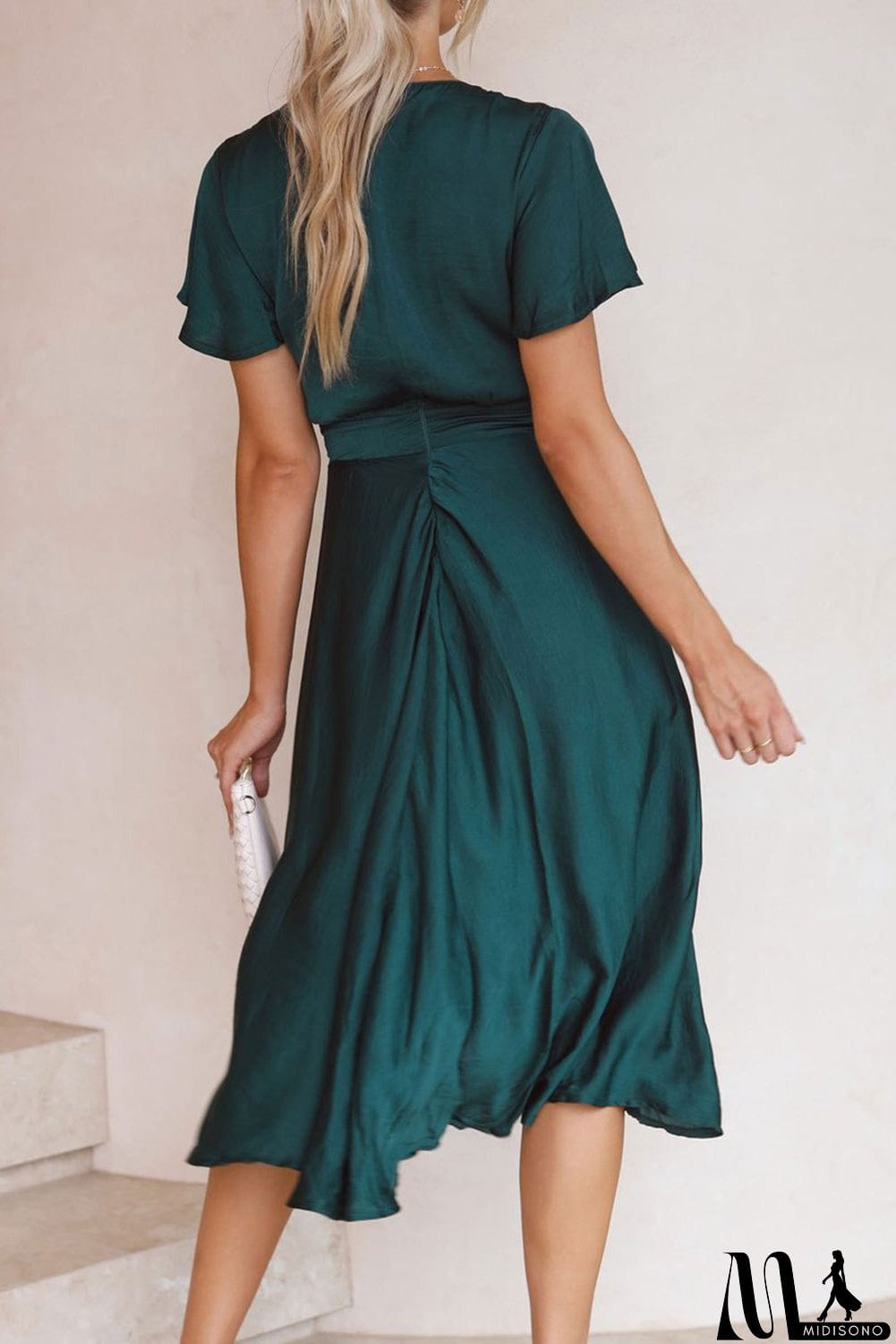 MidiSono - Deep V Neck Flutter Sleeve High Waist Flare Midi Dress