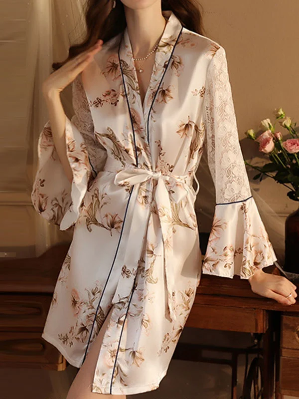 Long Sleeves Roomy Breathable Flexible Floral Stamped Hollow V-Neck Robes