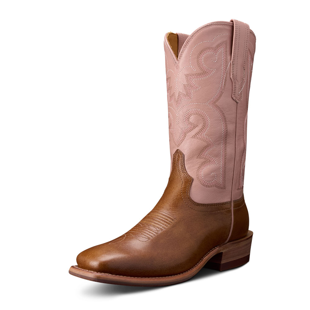 Pink & Brown Patchwork Embroidered Square Toe Mid-Calf Cowgirl Boots Nicepairs