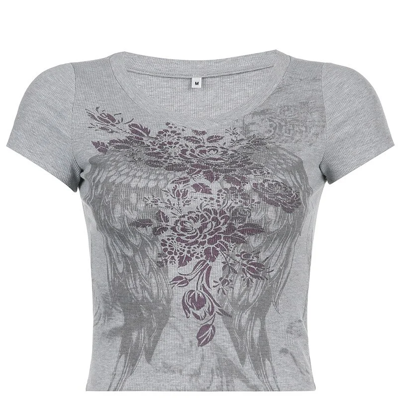 Jangj Fairycore Angel Print T-shirt Women Vinatge Rose Wings Slim T-shirts Female Grey Casual Basic Tops Retro Grunge Core Short Tops