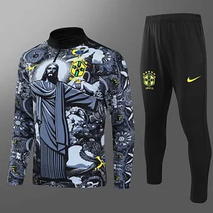 2024 Brazil Half-Pull Training Suit Special Edition Jesus Black Football Shirt 1:1 Thai Quality Set