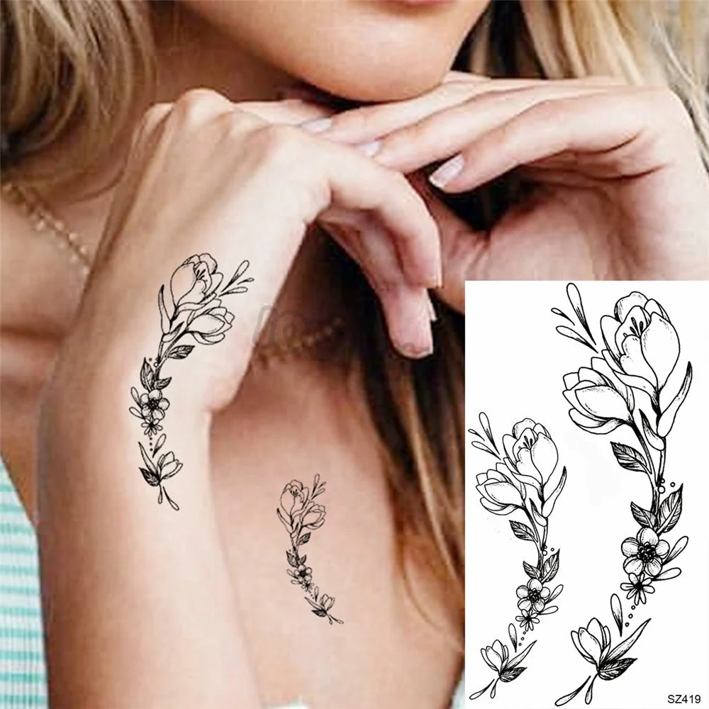 Black Pencil Sketch Henna Lotus Temporary Tattoos For Women Girls Realistic Planet Dandelion Fake Tattoo Sticker Back Arm Tatoos