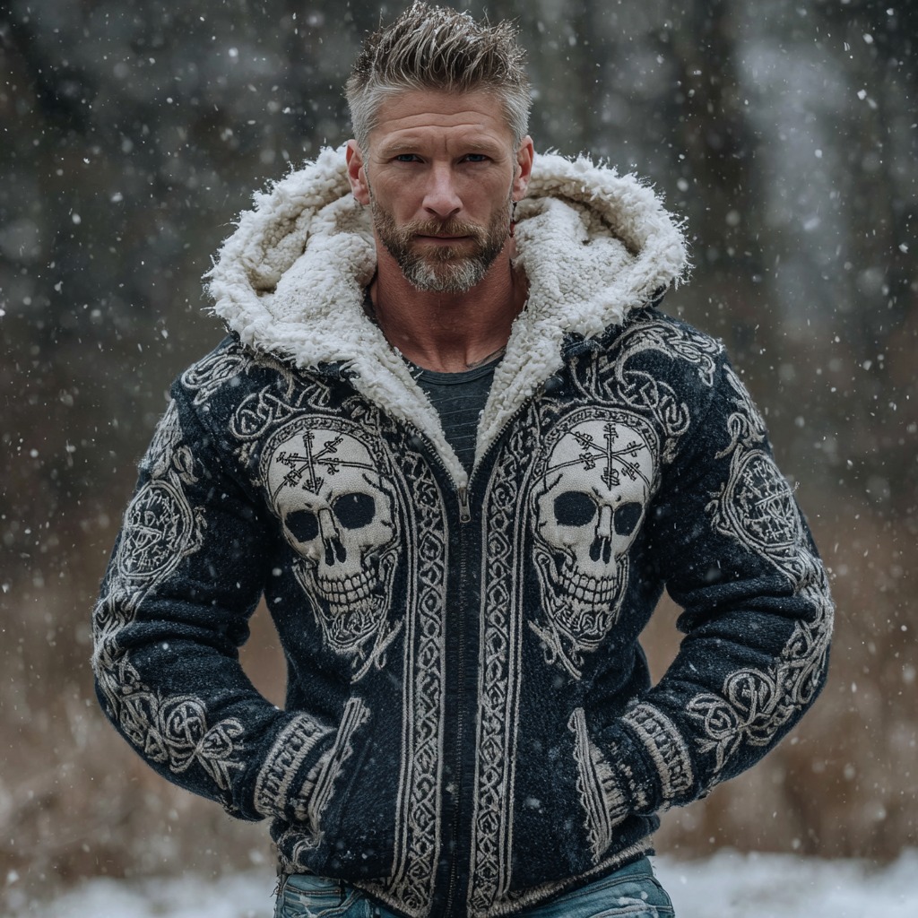 Men's Retro Viking Vegvisir Skull Pattern Knit Zip-up Hooded Sweater elevenforest