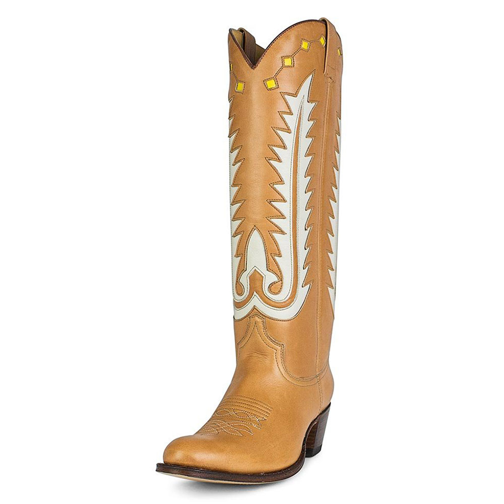 Tan & Beige Round Toe Chunky Heel Knee-High Pull-On Cowgirl Boots Nicepairs