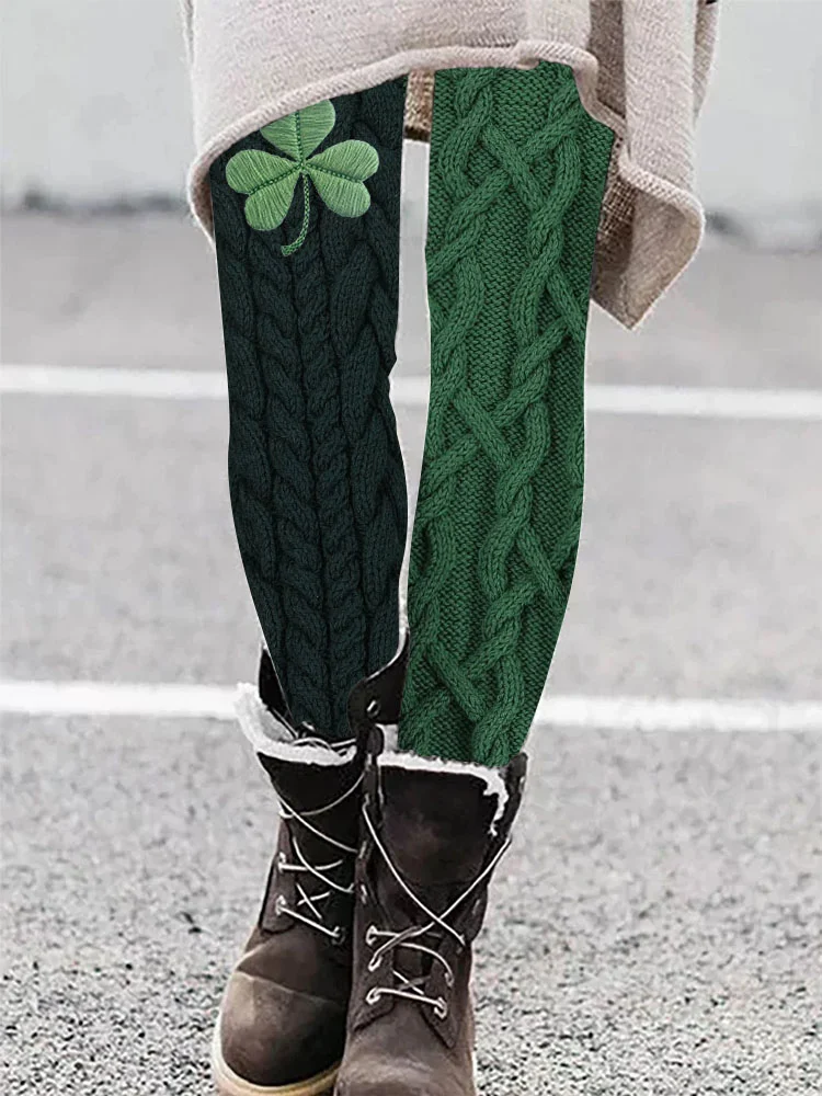 VChics Irish Shamrock Embroidered Jacquard Cozy Leggings