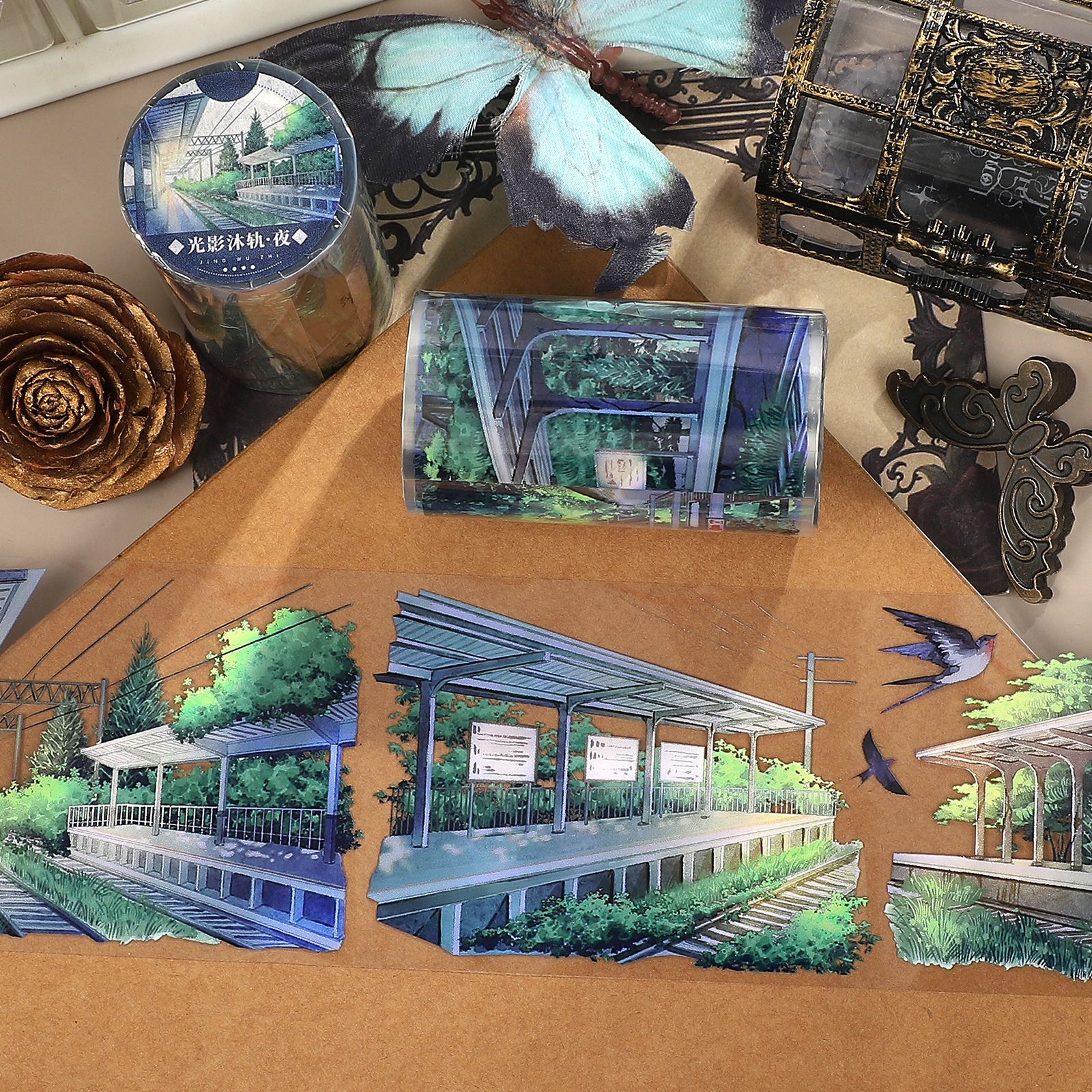 PET 테이프 - 70mm*5m 빈티지 라이트 앤 섀도우 레일 식물