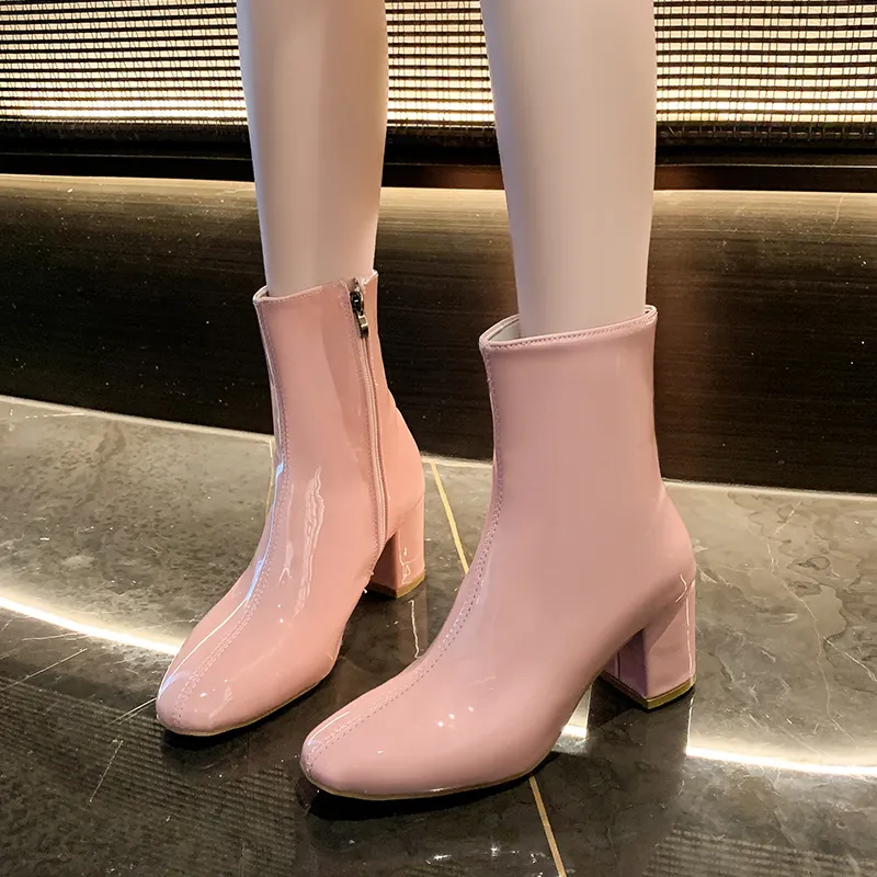 Breakj Breakj Winter New Korean Version Of High-Heeled Thin Boots Fashion Short Boots Women's Large Size Shoes Bright Leather Side Zipper Coarse
