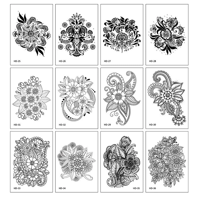 12Pcs/Lot Sketch Flower Temporary Tatoo Sticker Black and White Waterproof Flower Arm Tattoo Sticker Fake Tattoo for Woman Art