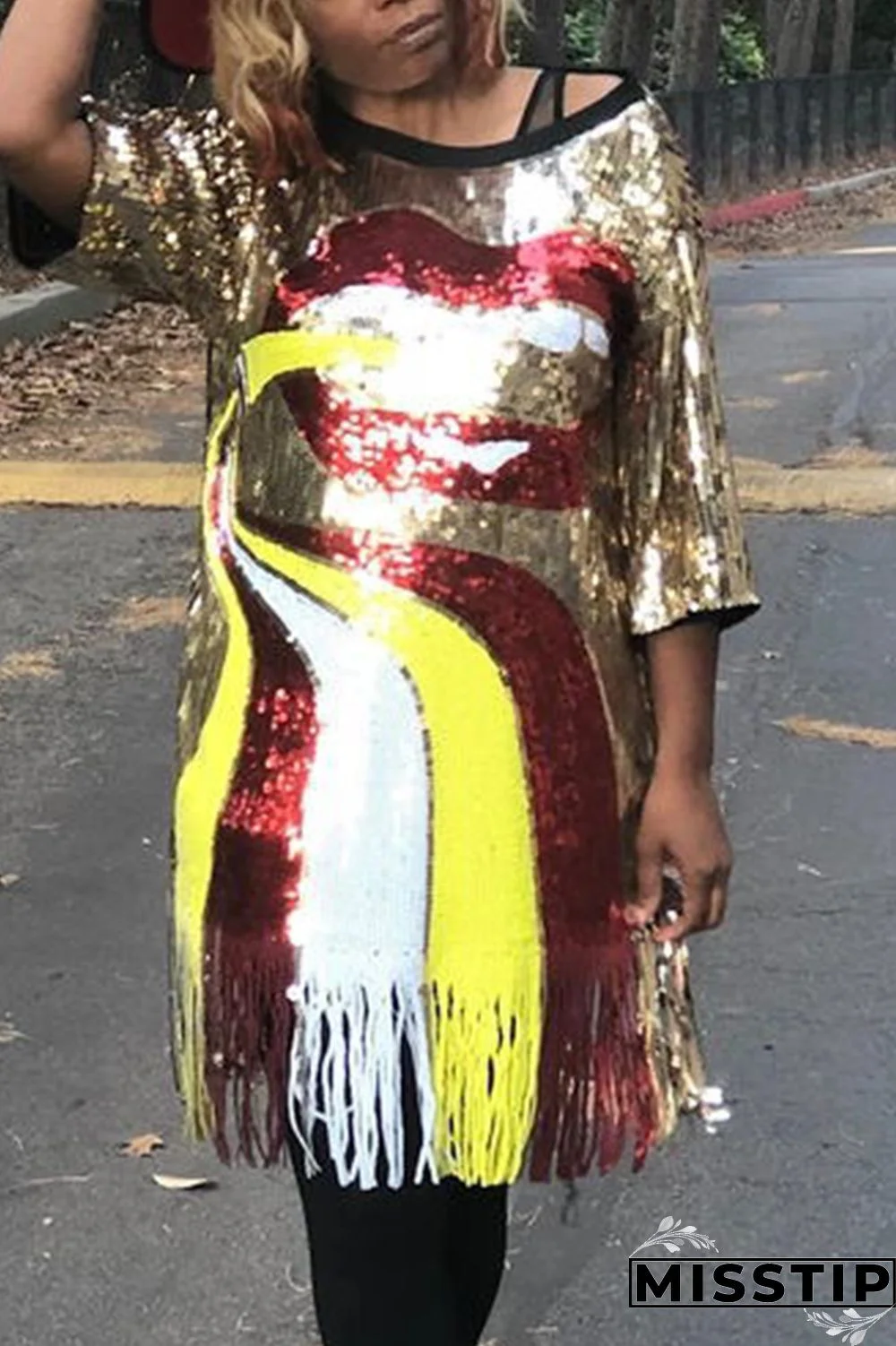 Gold Fashion Tassel Short Sleeve Sequin Dress