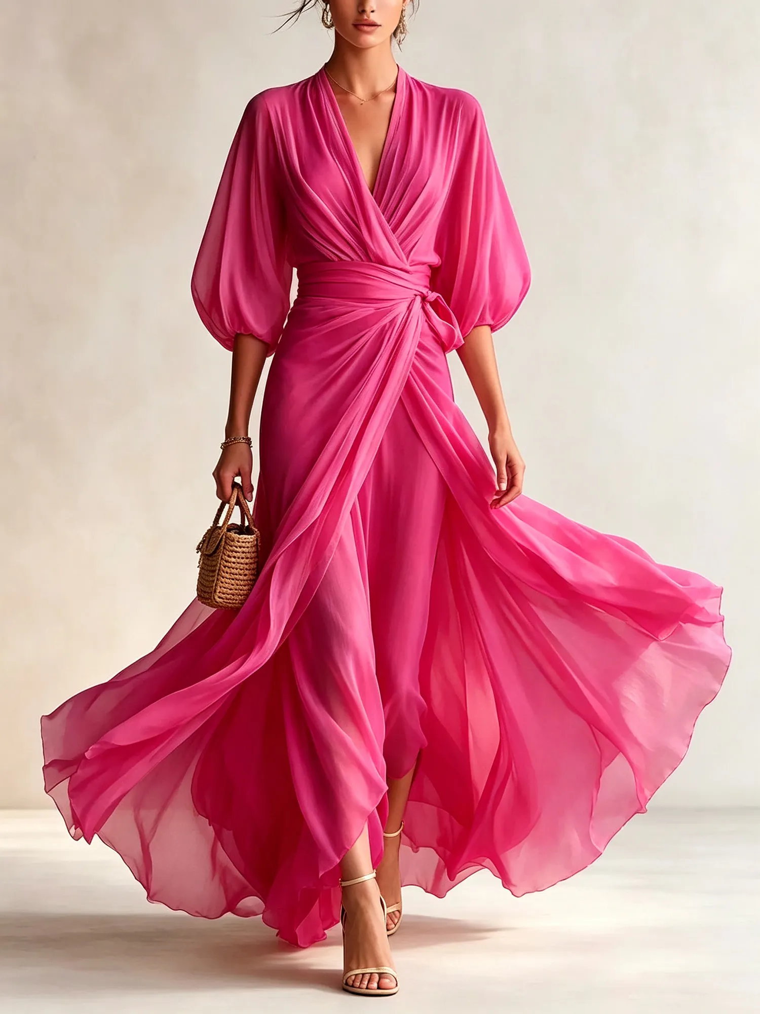 Resort Dress &mdash; Cross-Over Deep V-Neck, Gathered Front, Tie Waist, Lantern Sleeves, Maxi Dress