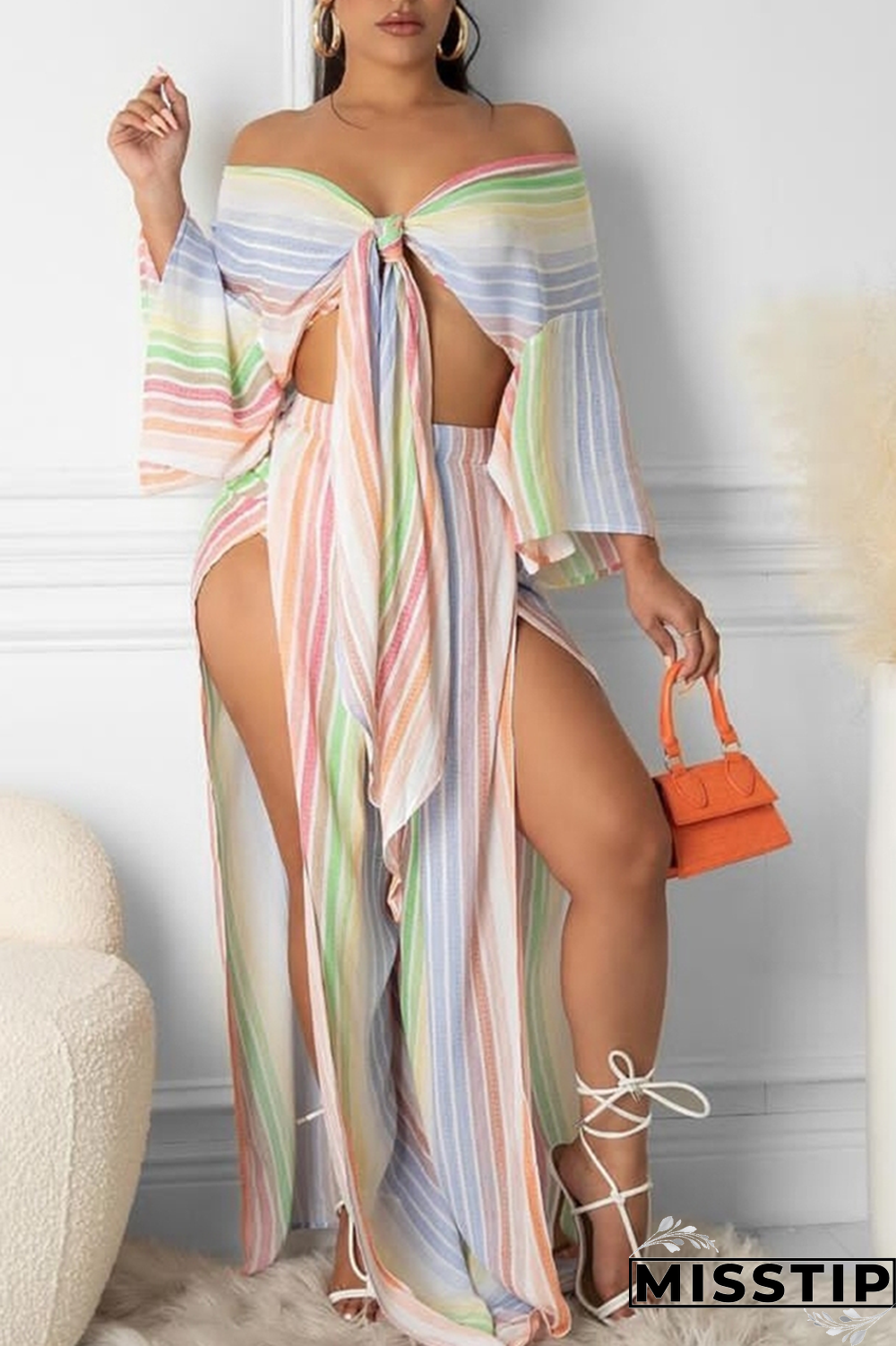 Colour Sexy Striped High Opening Off the Shoulder Long Sleeve Two Pieces