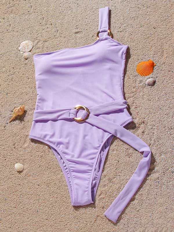 Solid Color One-Shoulder Belted One-Piece Swimwear 