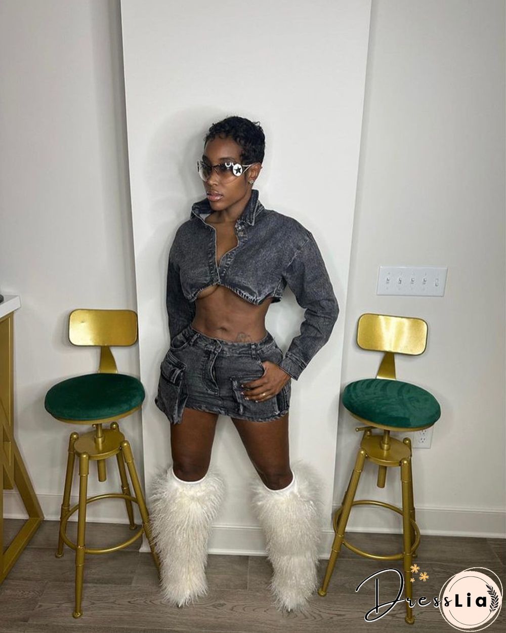 Denim Long Sleeve Jacket Mini Cargo Skirt Sets