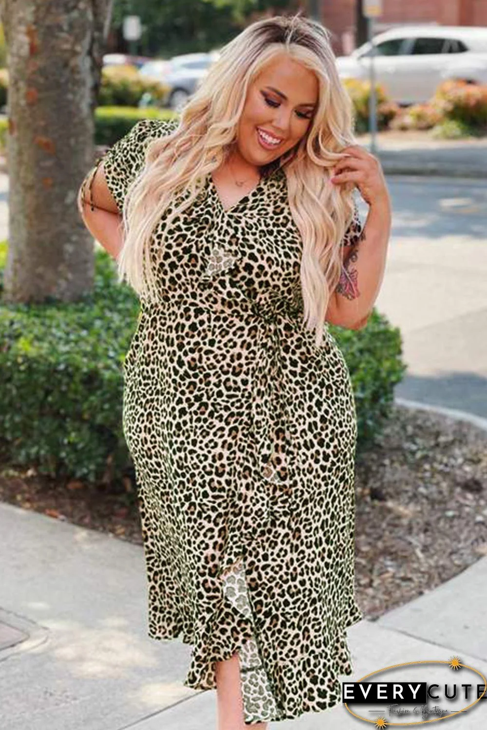 Leopard Print Ruffled Lace-up Plus Size Midi Dress