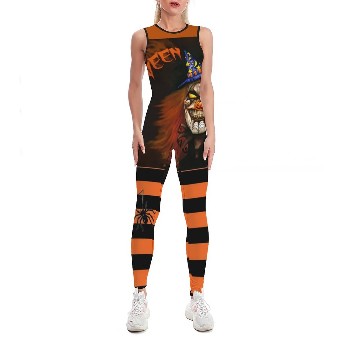 Halloween Skeleton Clown Spider Witch Moon Bodycon Tank One Piece Jumpsuits Long Pant Retro Yoga Rompers Playsuit for Women