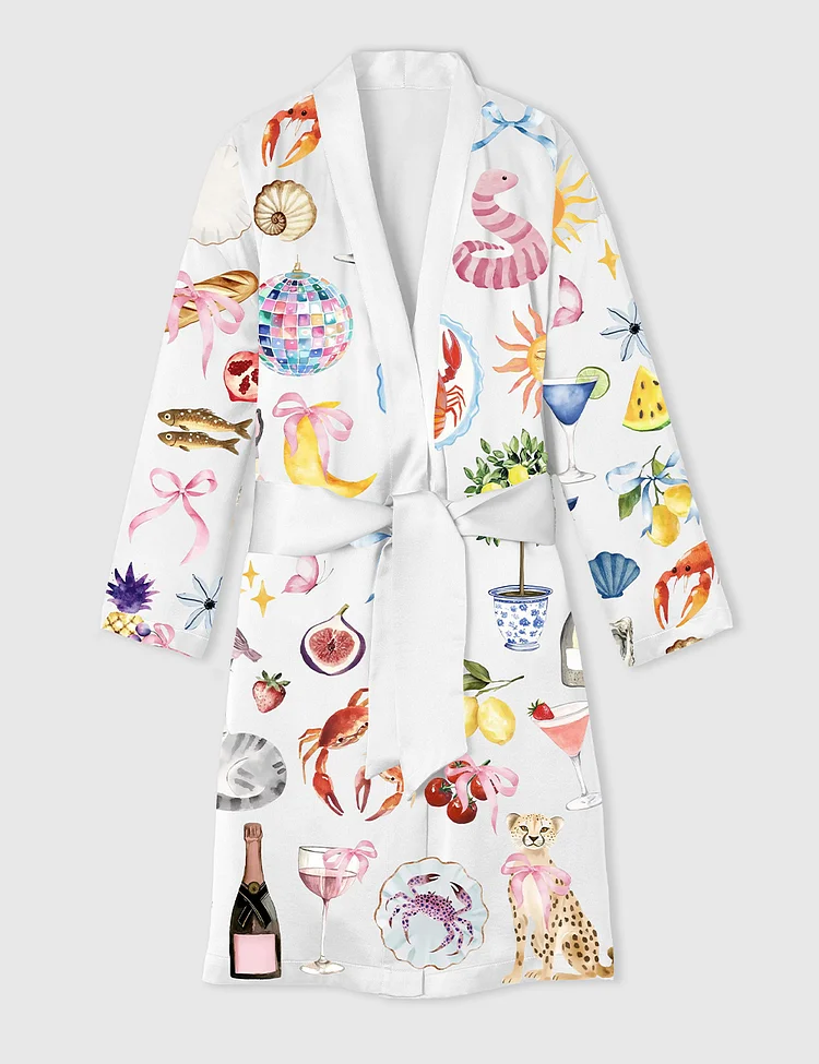 Women&rsquo;s Whimsical Wedding Dolce Vita Wedding Coquette Mediterranean Print Satin Bathrobe