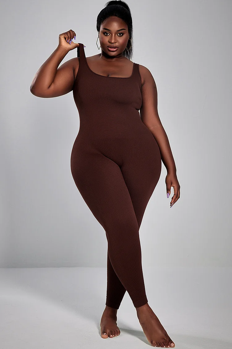 Xpluswear Design Plus Size Casual Jumpsuit Coffee Square Neck Sleeveless Knitted Jumpsuit [Pre-Order]