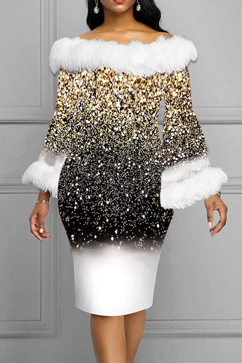 Gold Elegant Print Patchwork Feathers Off the Shoulder One Step Skirt Dresses | EGEMISS