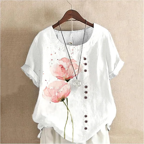 Women'S Watercolort  Simple Poppy Pattern Cotton And Linen Short Sleeve Top