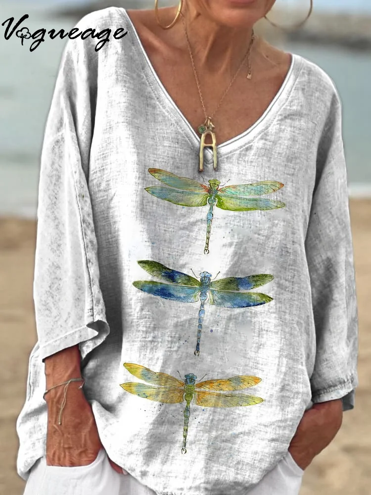 Fashion Casual Simple Dragonfly 3/4 Sleeves Printed Cotton And Linen Shirt