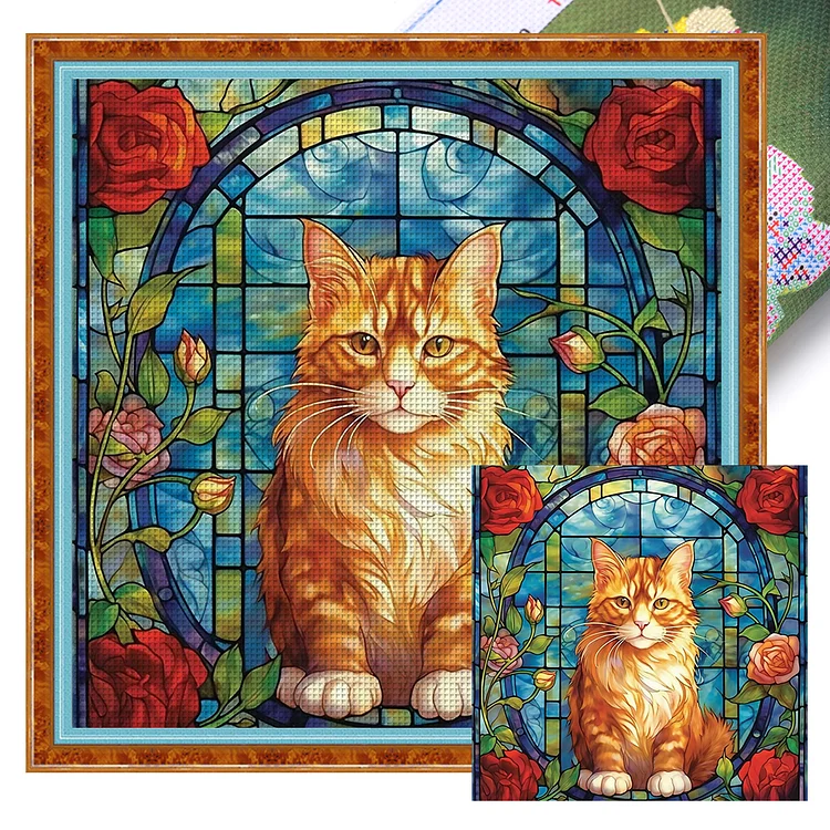 『DIY』Stained Glass Cat  - 11CT Stamped Cross Stitch(50*50cm)