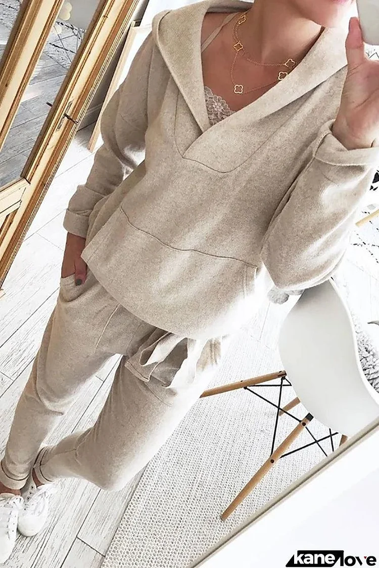 V Neck Pockets Hoodie Jogger Set