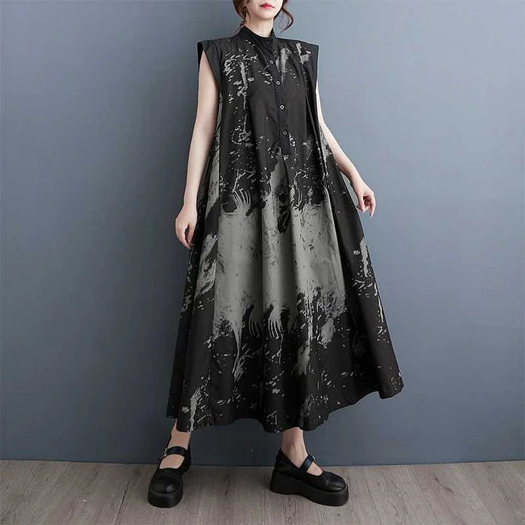 Colorblocked Ink Print Sleeveless A-Line Dress