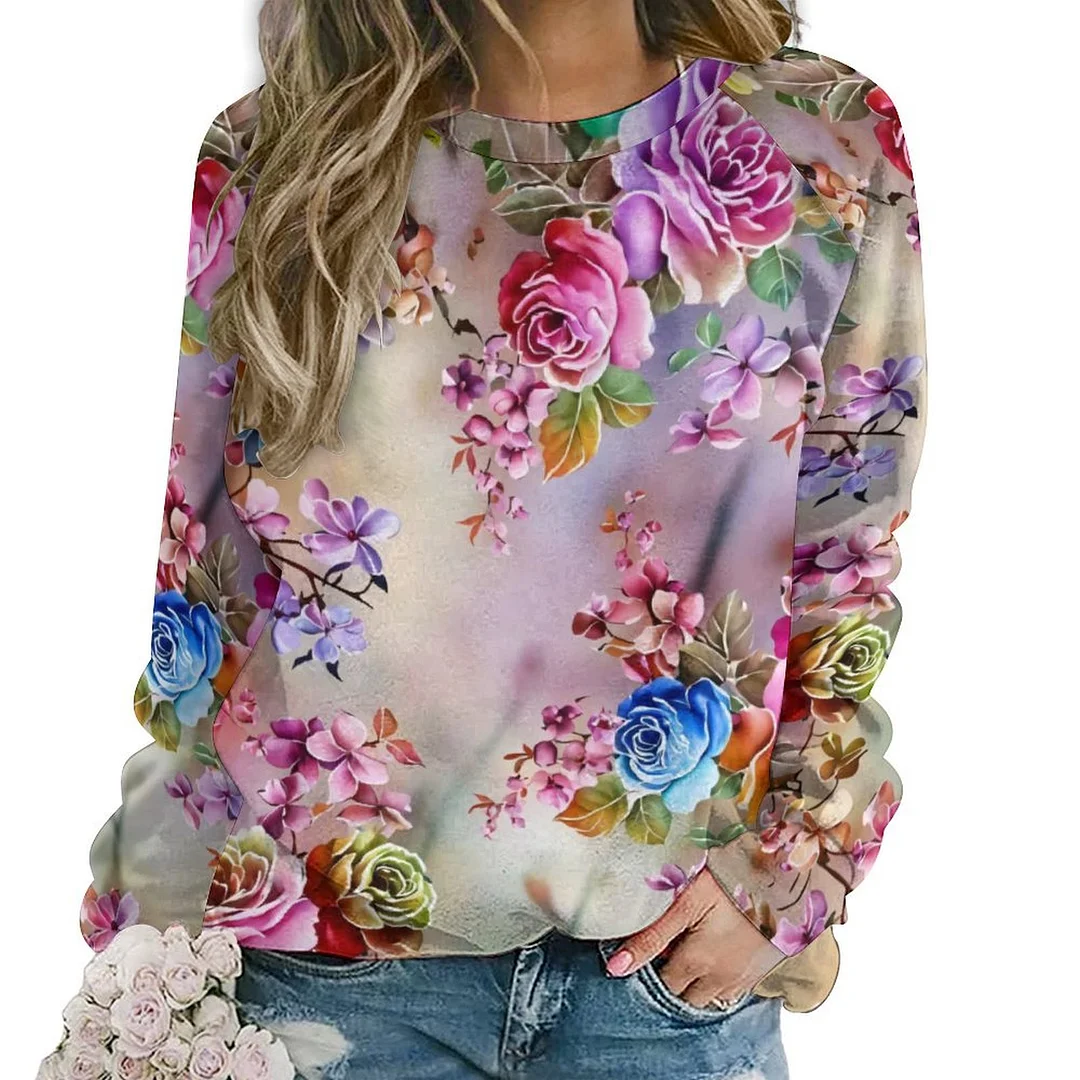 Printed Long Sleeve Casual Sweatshirt for  Women and Men Unisex Pattern Floral, Colorful, Red, Blue
