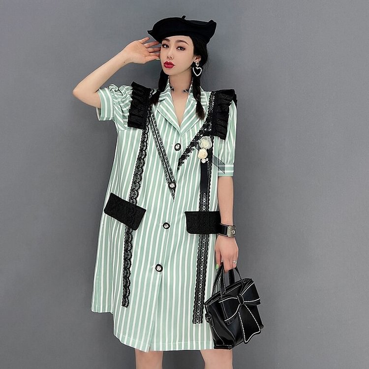Fashion Lapel Striped Ruffle Patchwork Lace Decor Single Breasted Pocket Dress      