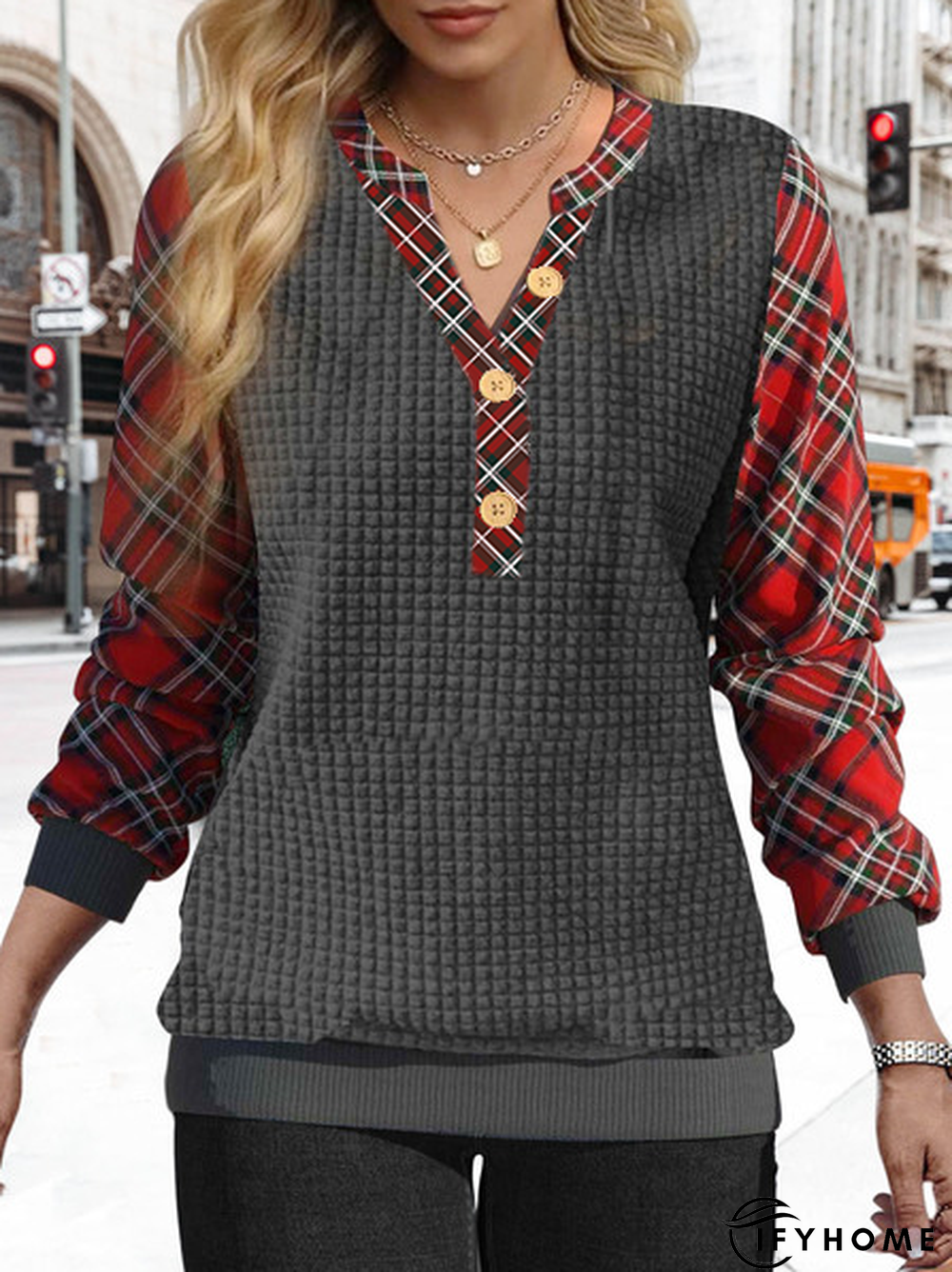 Plaid Stitching Loose Casual Sweatshirt | IFYHOME