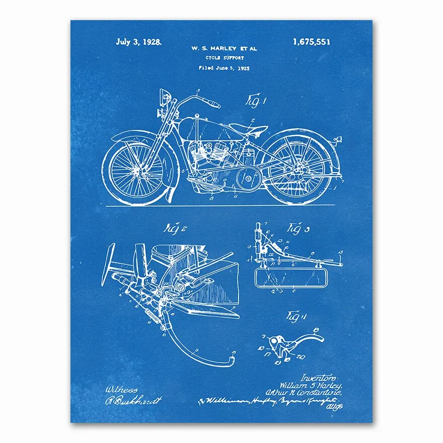 Motorcycle Patent Vintage Blueprint  Prints Motorcycle Artwork Science Wall Art Canvas Painting Gift Home Room Decor