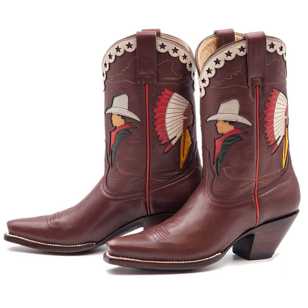 Maroon Star Edge Inlay Snip Toe Pull-On Mid-Calf Cowgirl Boots Nicepairs