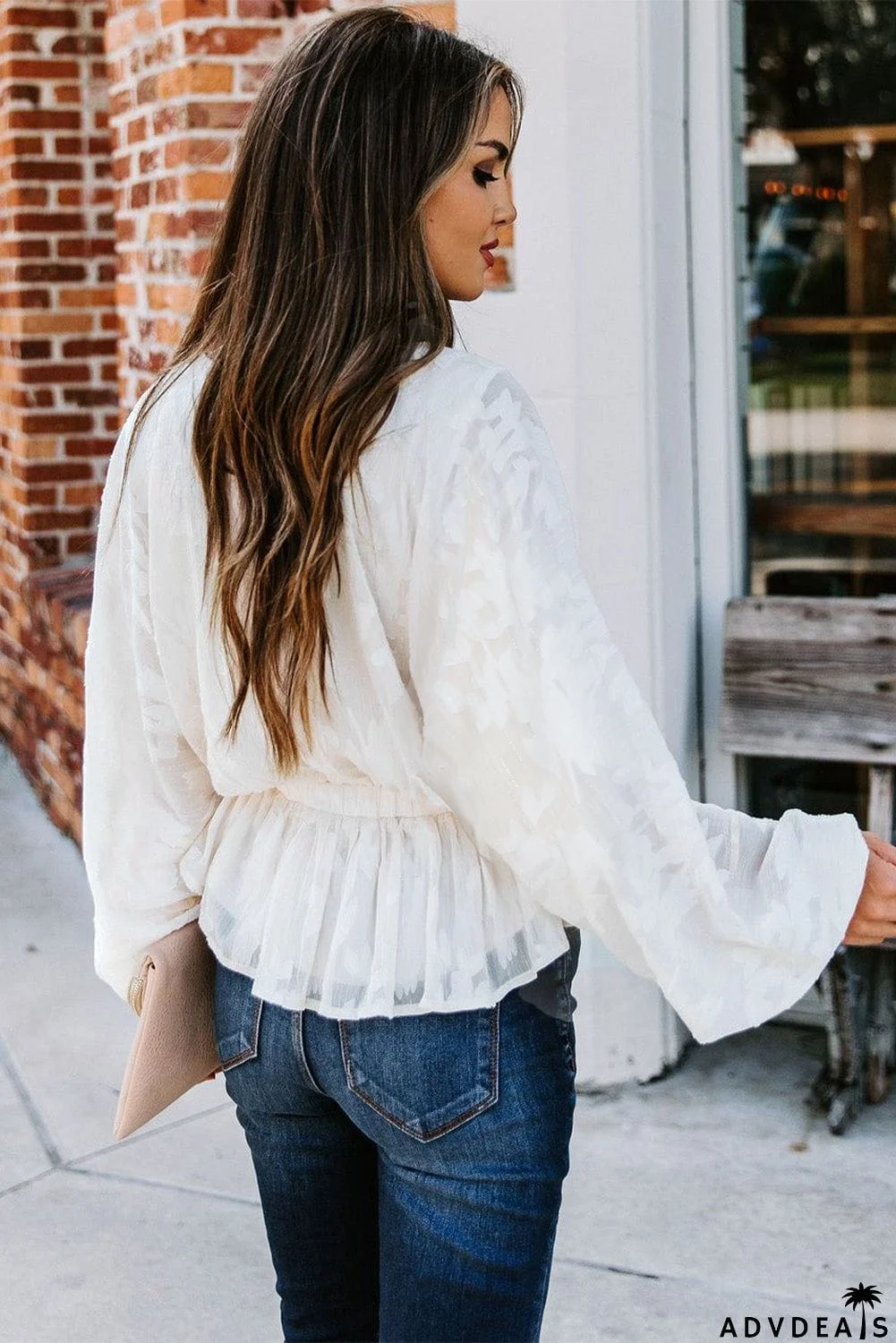 Shimmer Printed V Neck Ruffled Long Sleeve Top