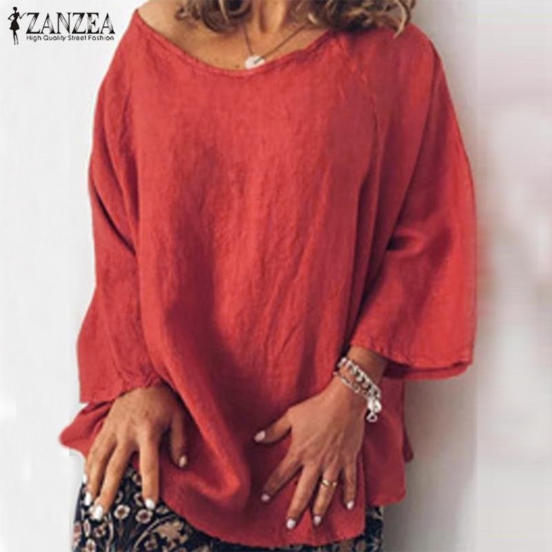 ZANZEA Fashion Autumn Blouse Women Long Sleeve Solid Blusas Femininas Basic Tops Robe Loose Chemise Tunic Cotton Linen Shirt
