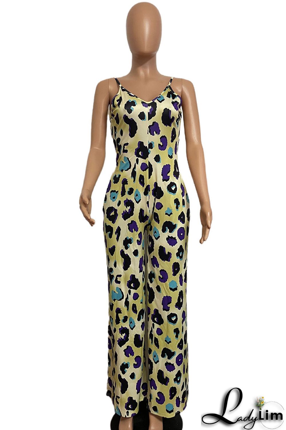 Blue Casual Print Split Joint Spaghetti Strap Straight Jumpsuits