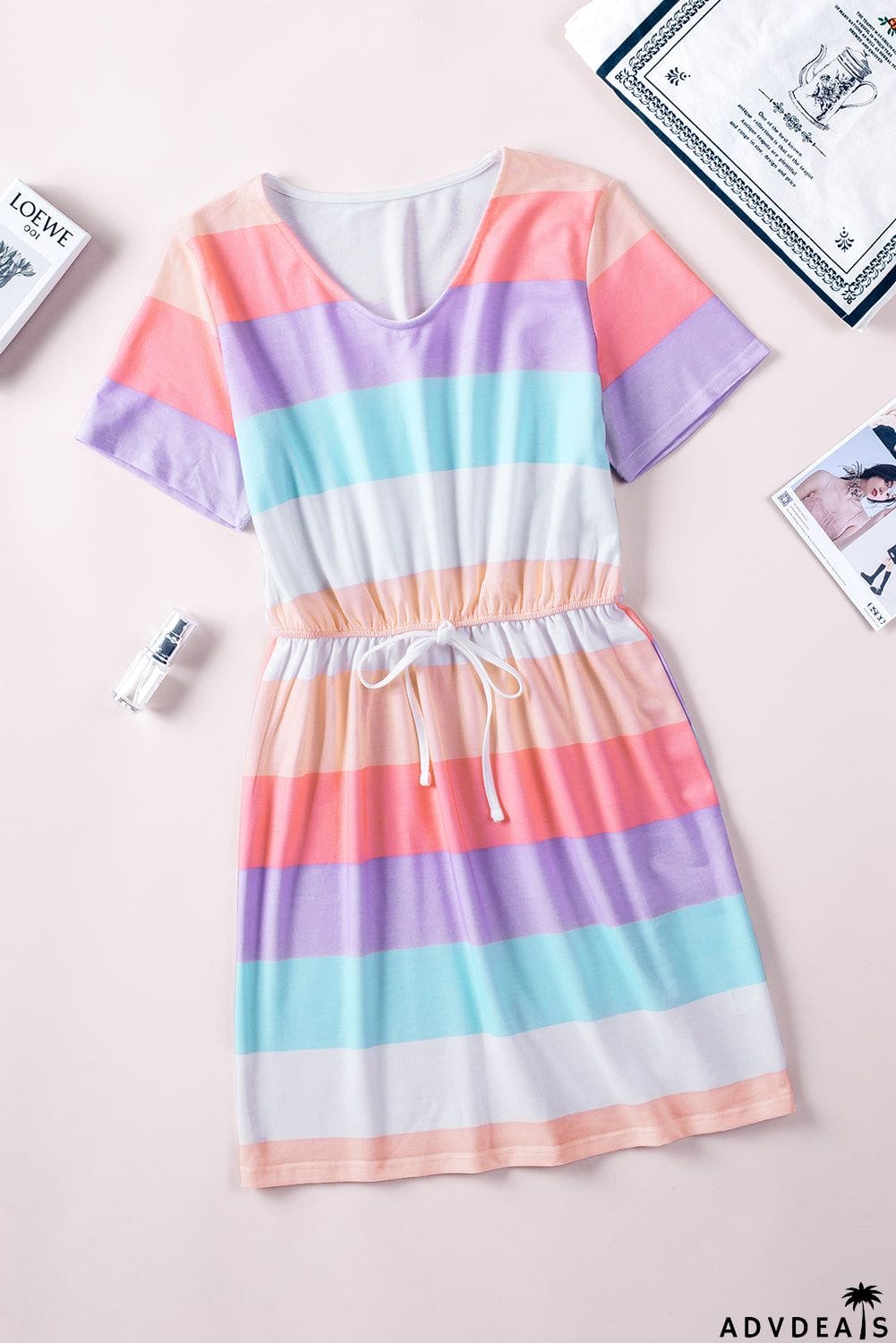 Multicolor Striped Drawstring V Neck T Shirt Dress