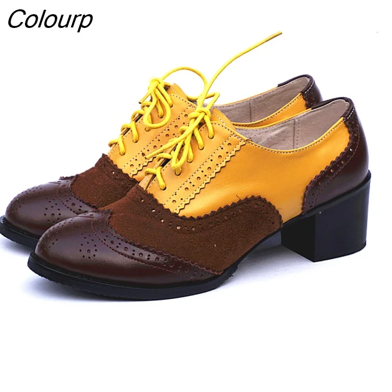 Colourp Leather Pumps Women Pink Shoes Vintage Thick Heels Retro Vintage Oxford Shoes For Women's Flats Shoes 2023 Spring