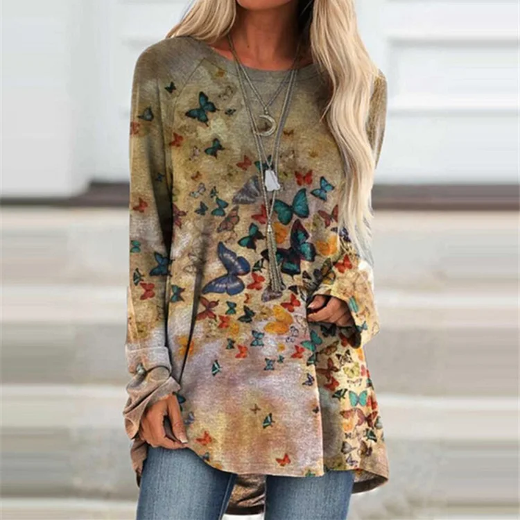 Casual Butterfly Print Long Sleeve T-shirt