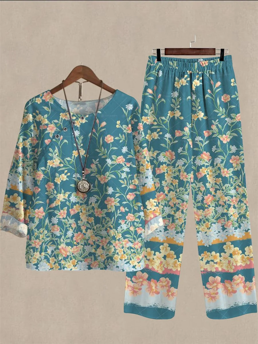 Spring Autumn Floral Print Casual Two Piece Suits