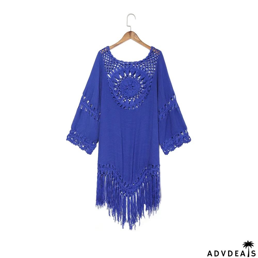 Hand Crochet Oversized Patchwork Loose Fringe Holidays-Inspired Beach Blouse