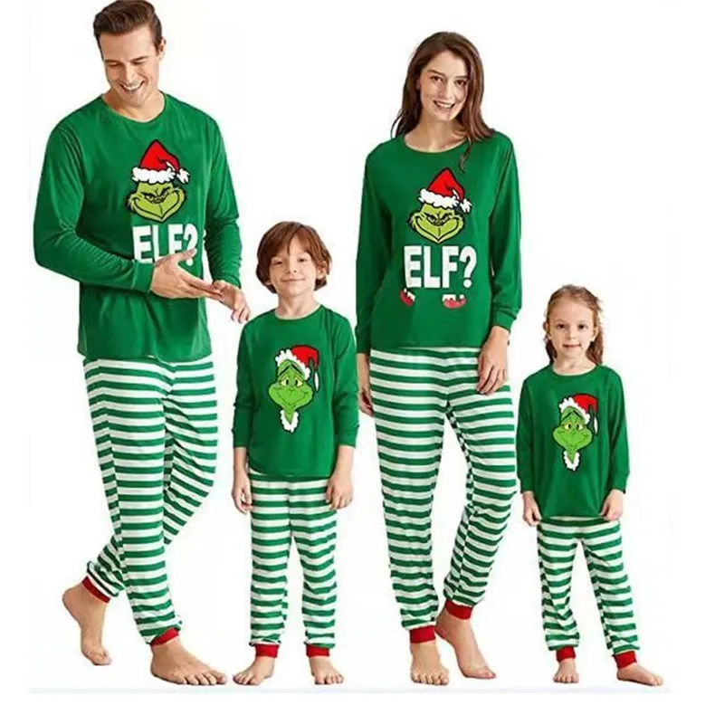 Christmas round neck green striped print baby pajamas set