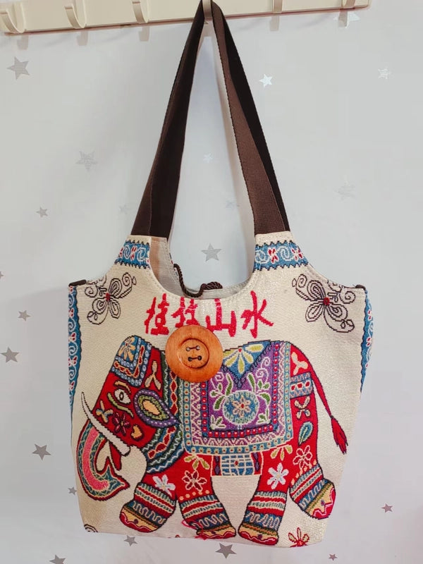 Women’s Large Canvas Elephant Ethnic Style Square Zipper Shoulder Bag