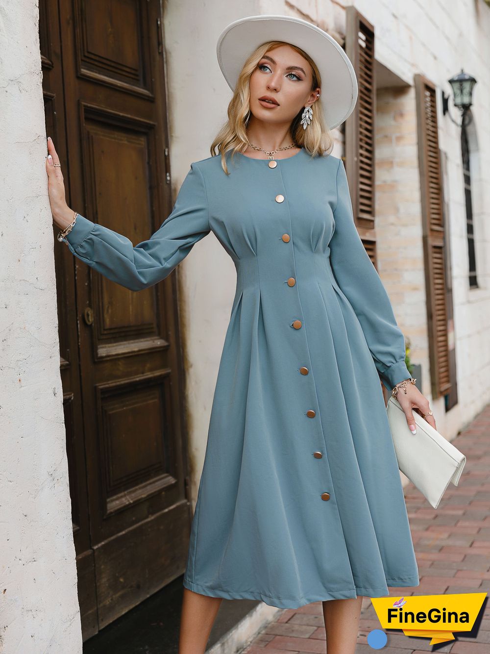 Vintage A-line buttons women dress autumn Elegant o-neck blue midi dresses Office lady female long sleeves solid vestido