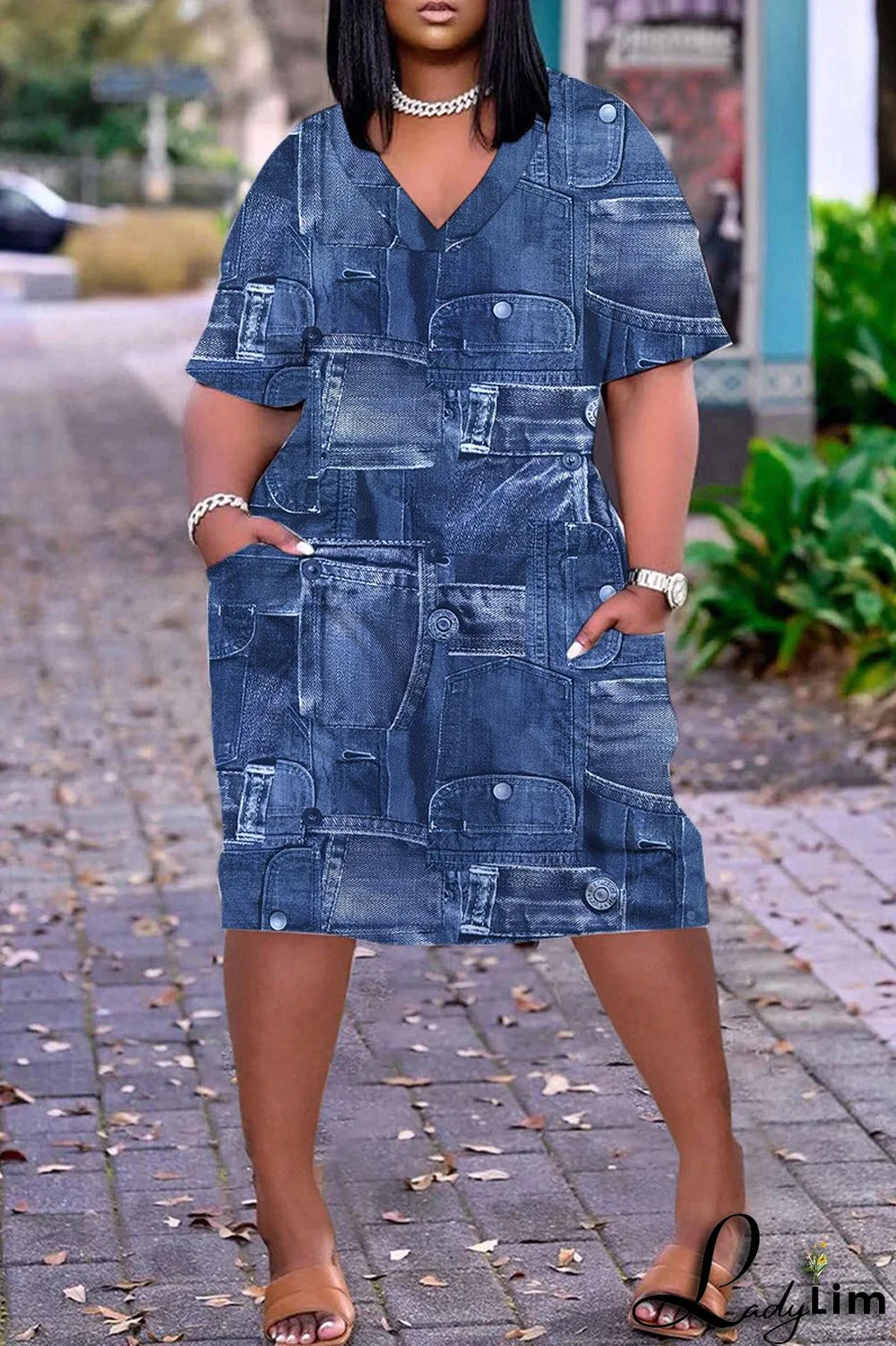 Orange Green Casual Print Patchwork V Neck Short Sleeve Dress