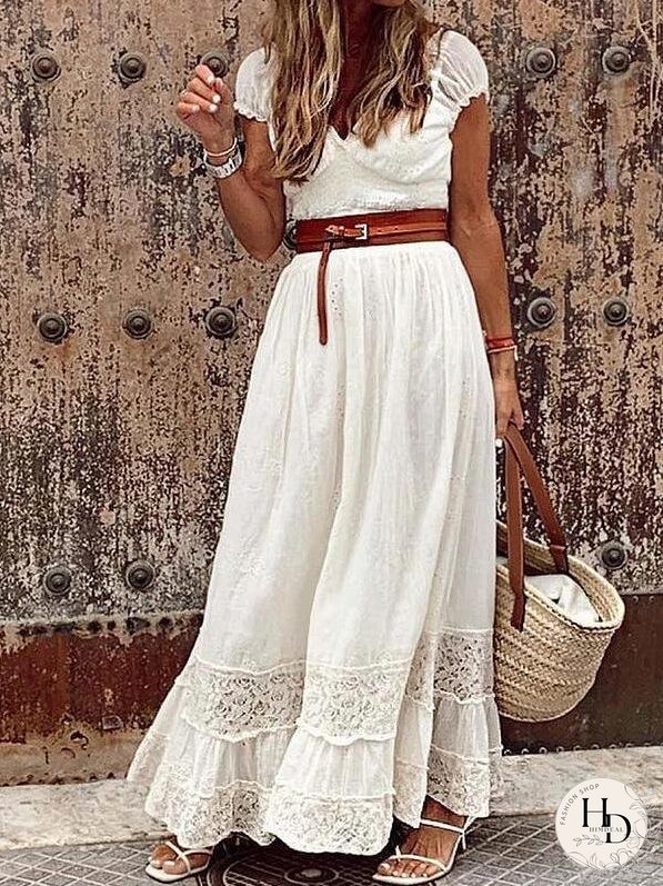Elegant V-neck Lace Stitching Belt Long Dress