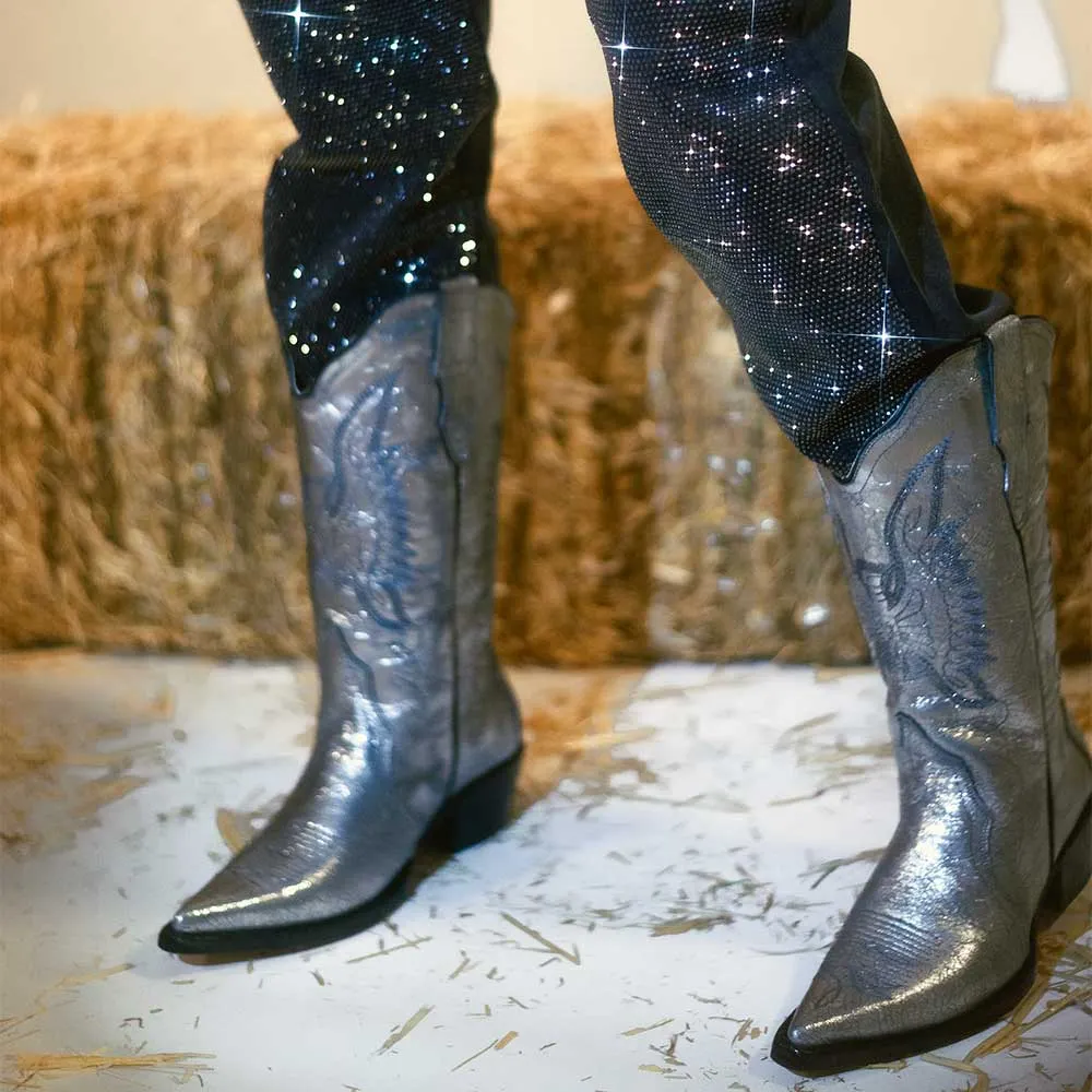 Silver Pointed Toe Embroidered Mid Calf Women's Western Boots