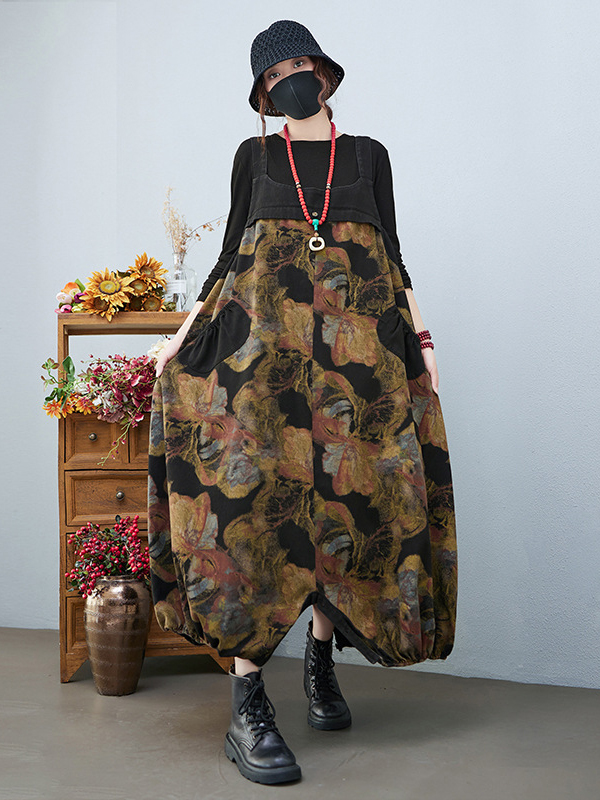 Retro Printed Denim Loose Jumpsuit